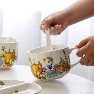 OMK 南瓜兔陶瓷马克杯850ml大容量甜品早餐麦片杯子带勺汤杯 法式