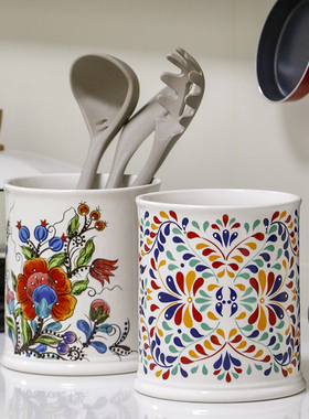 OMK 美式彩绘陶瓷收纳罐创意家用厨房勺铲收纳筒烘焙工具储物罐