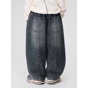 中大童复古猫痕一体绒牛仔裤 2025冬季 弯刀加厚休闲裤 男童美式 新款