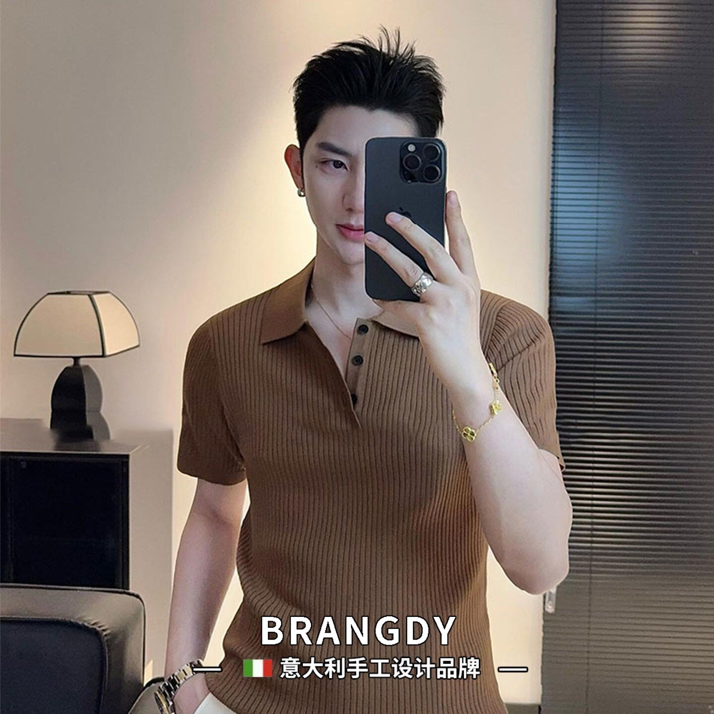 Brangdy意大利短袖Polo衫男士修身针织夏季高级感纯色条纹翻领T恤