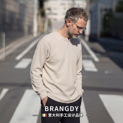 Brangdy意大利亨利领螺纹线条短袖T恤男士夏季长袖打底衫休闲上衣