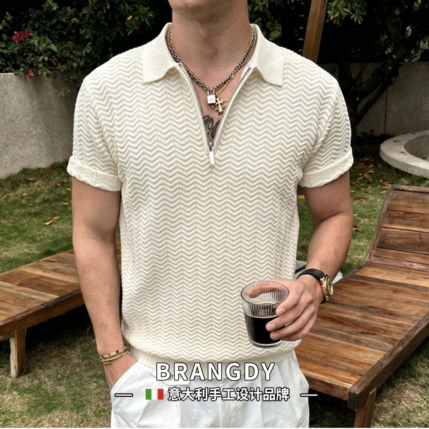 Brangdy意大利纹针织短袖男款POLO衫夏季半拉链正肩T恤冰丝半袖