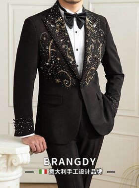 Brangdy意大利舞台婚礼主持宴会手工秀珠西服法式大气西装外套