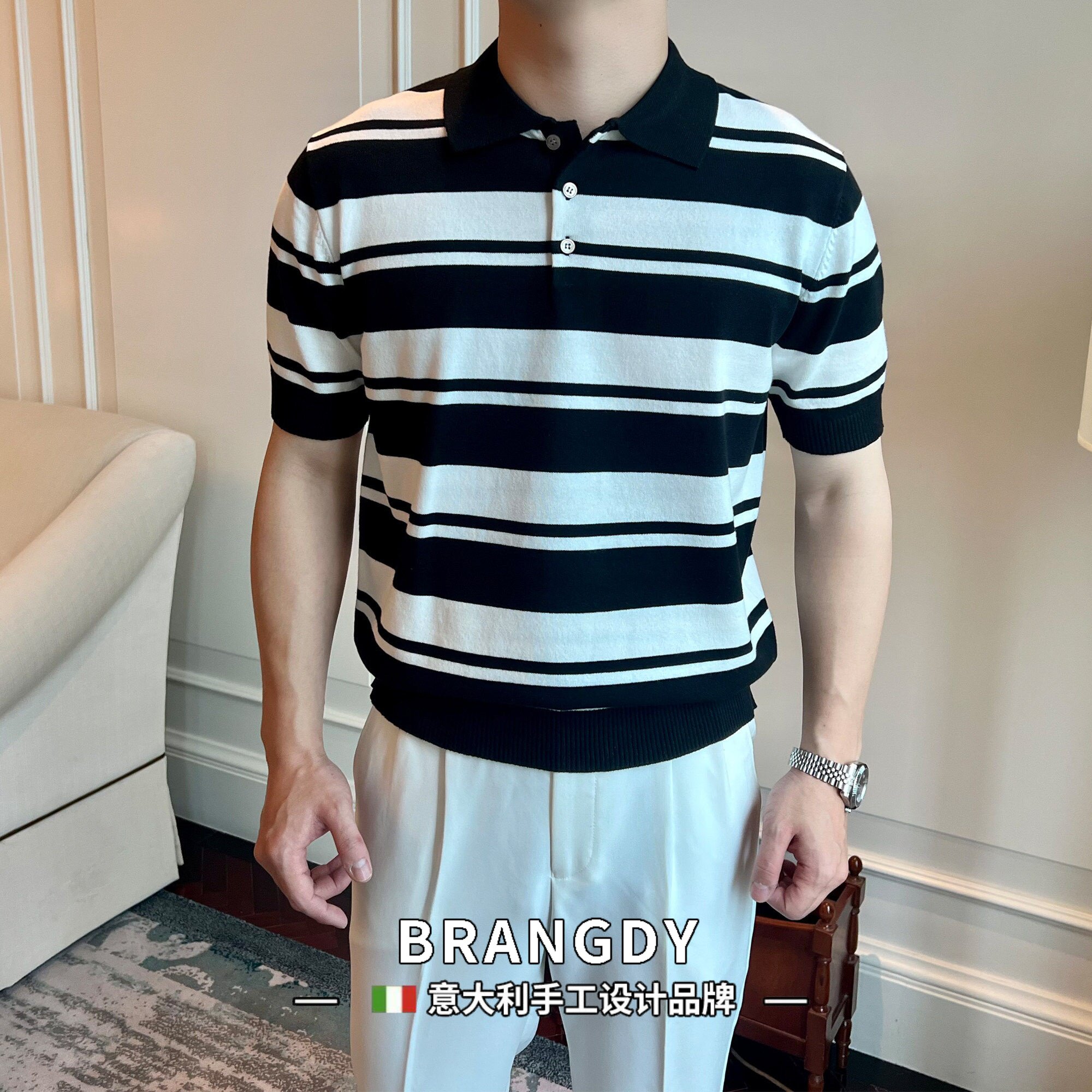Brangdy意大利短袖男款polo衫夏季休闲针织T恤男士修身黑白条纹