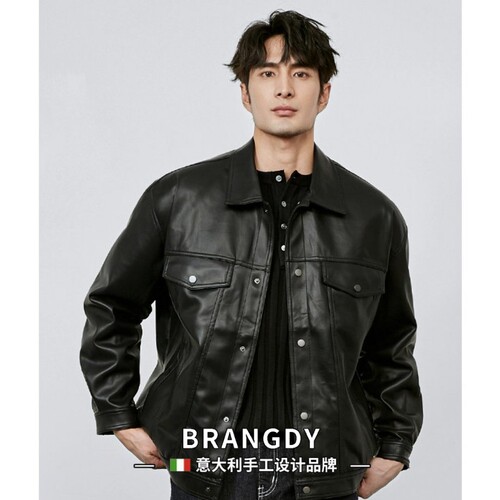 Brangdy意大利秋冬翻领PU皮夹克外套男士轻熟风休闲工装机车皮衣