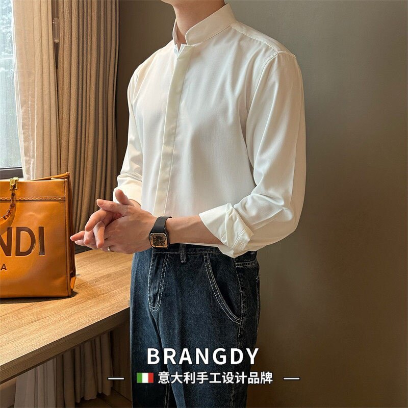 Brangdy意大利青年新中式立领白色男衬衣韩版清新简约百搭款衬衫