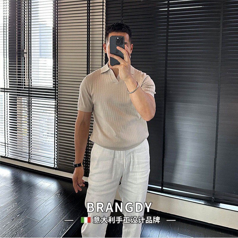 Brangdy意大利透气海鸥领条纹POLO衫男装短袖夏商务休闲V领T恤衫