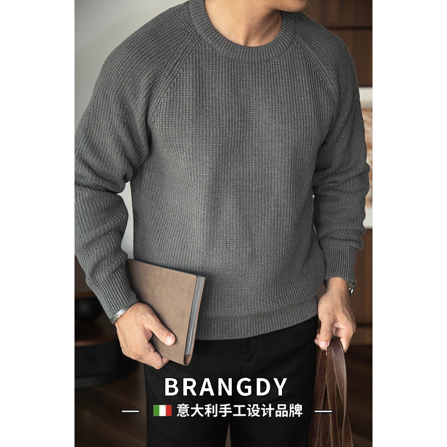 Brangdy意大利美式仿羊毛毛衣保暖厚款宽松慵懒针织衫男款秋冬