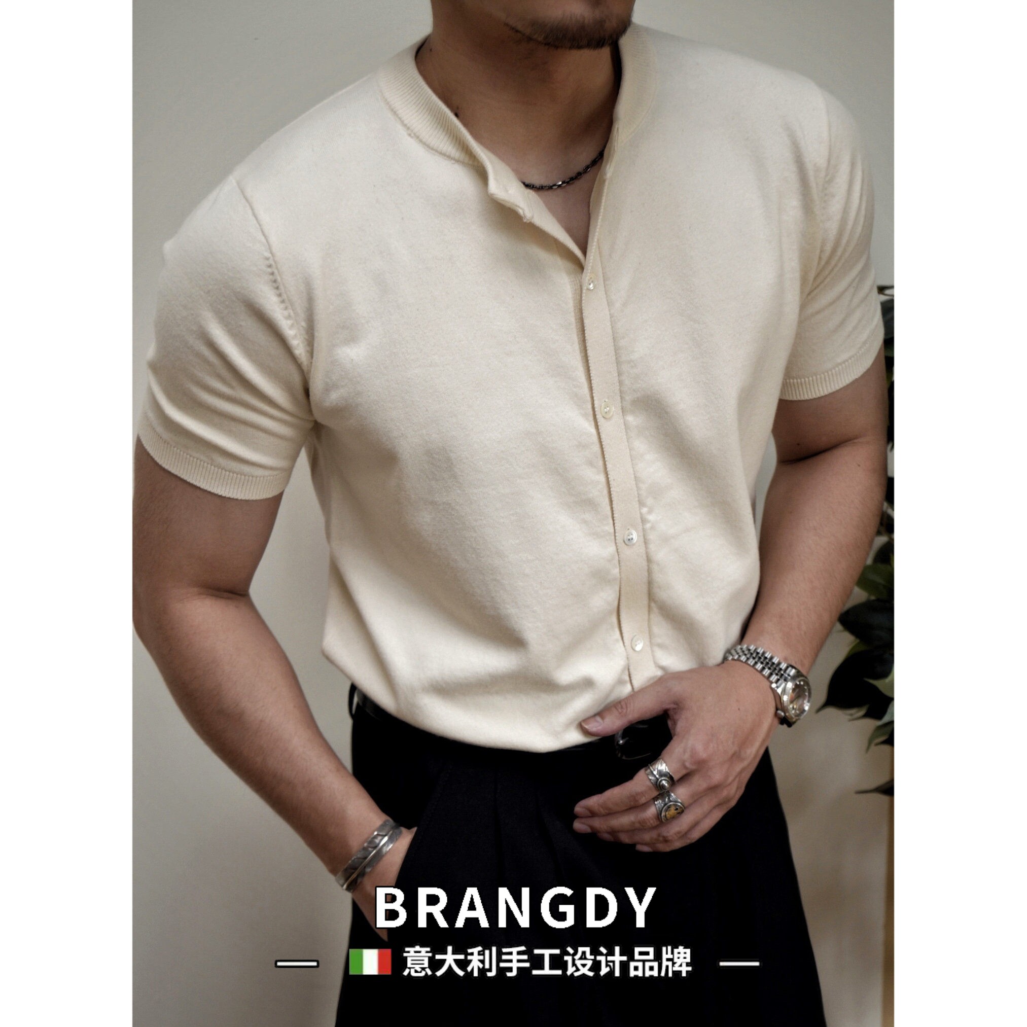 Brangdy意大利重磅针织T恤开衫全棉修身休闲打底短袖衬衫咔叽夏季