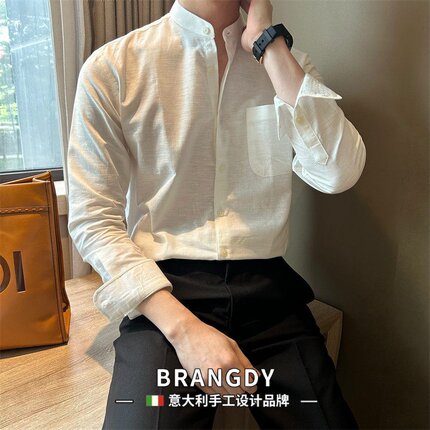 Brangdy意大利立领棉麻长袖男衬衫新中式带口袋休闲透气修身衬衣