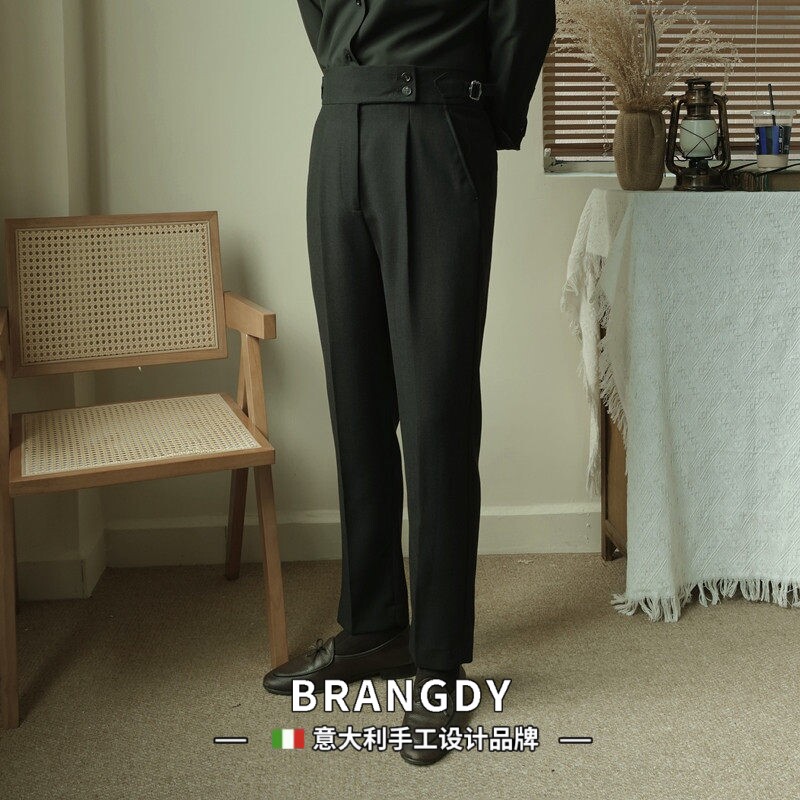 Brangdy意大利那不勒斯垂感休闲裤男士黑色九分修身长裤十分西裤