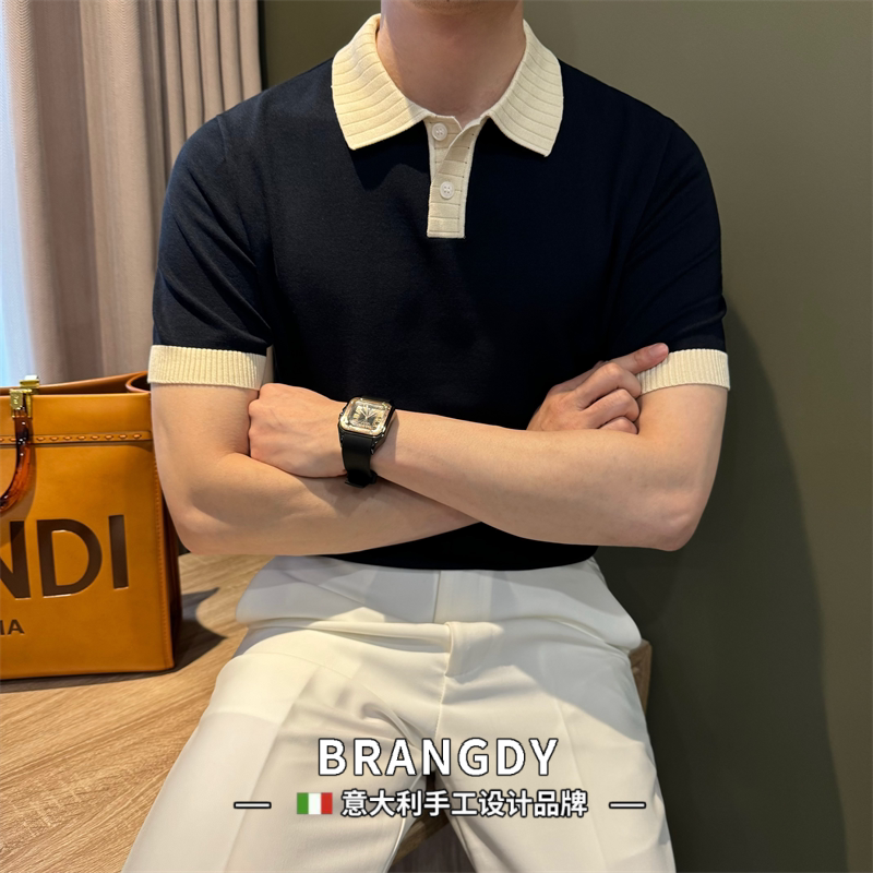 Brangdy意大利夏季短袖轻熟拼色翻领针织休闲百搭潮流polo衫男款