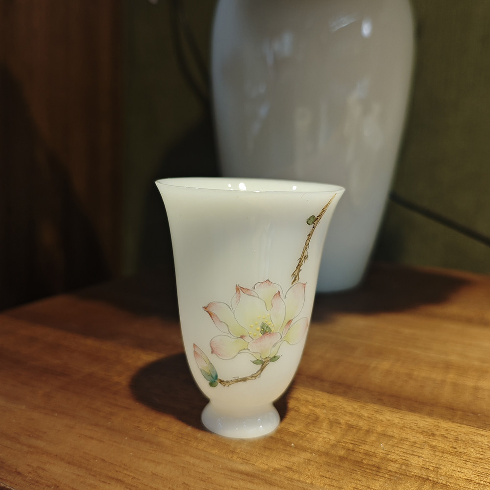 高脚闻香杯玉兰花四款手绘陶瓷茶具居家品茗轻奢雅致功夫茶道舒心
