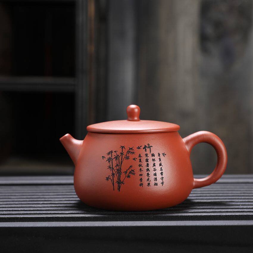 紫砂茶壶原矿朱泥竹子刻绘西施壶