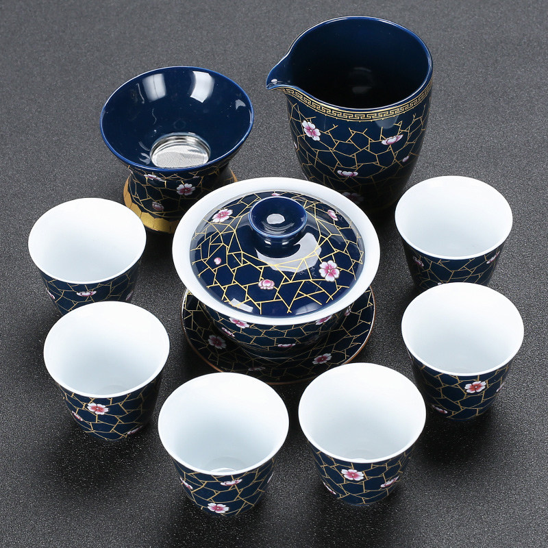 霁蓝釉高档功夫茶具套装办公简约家用客厅三才盖碗陶瓷泡茶杯整套