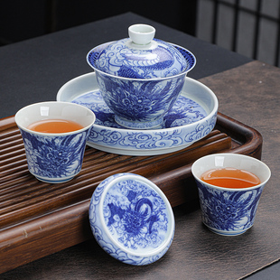 新中式青花瓷龙纹盖碗茶具套装德化陶瓷功夫茶具中式茶杯杯垫组合