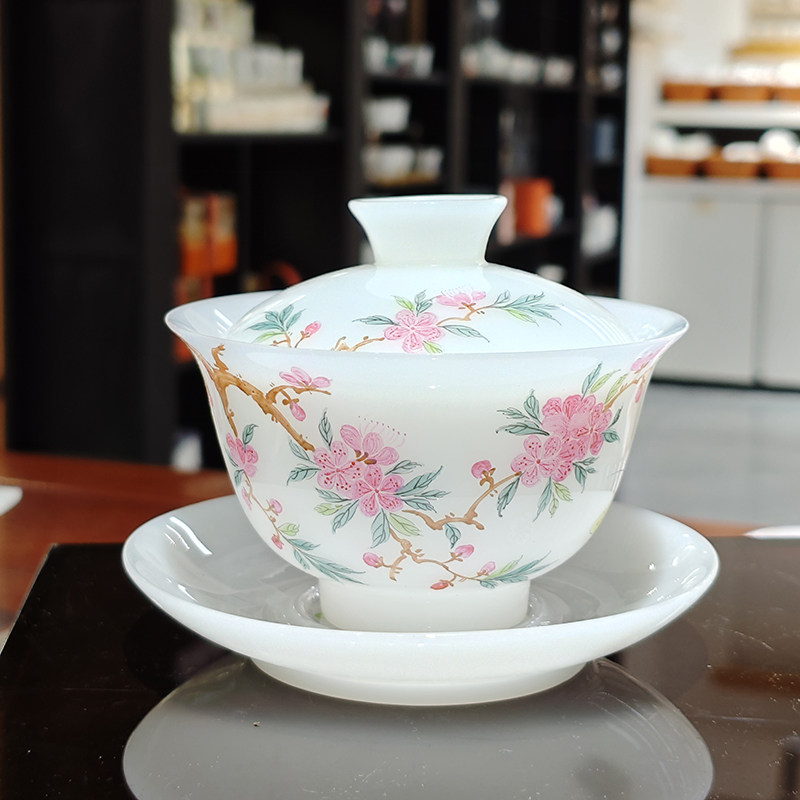 新中式陶瓷盖碗手绘桃花茶具白瓷