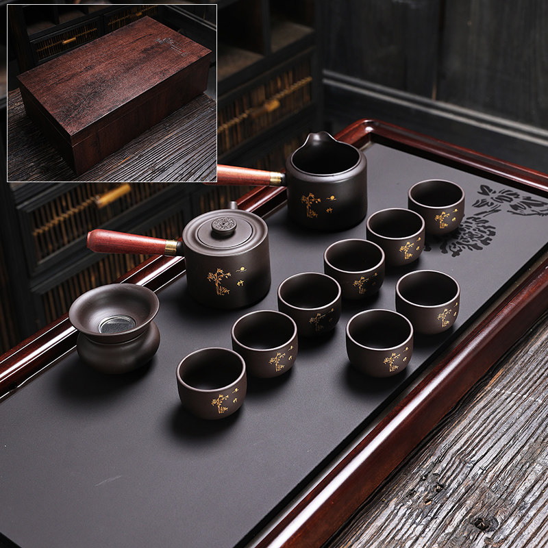 紫砂金竹功夫茶具套装2026新款个人专用高端整套茶杯年轻人侧把壶