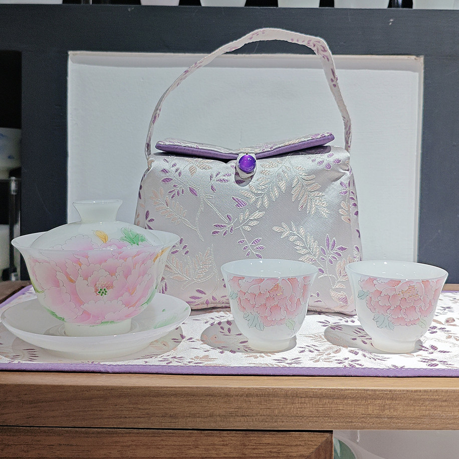 白皙华韵牡丹手绘陶瓷茶具居家品茗轻奢雅致品茗优选臻品茶具好物