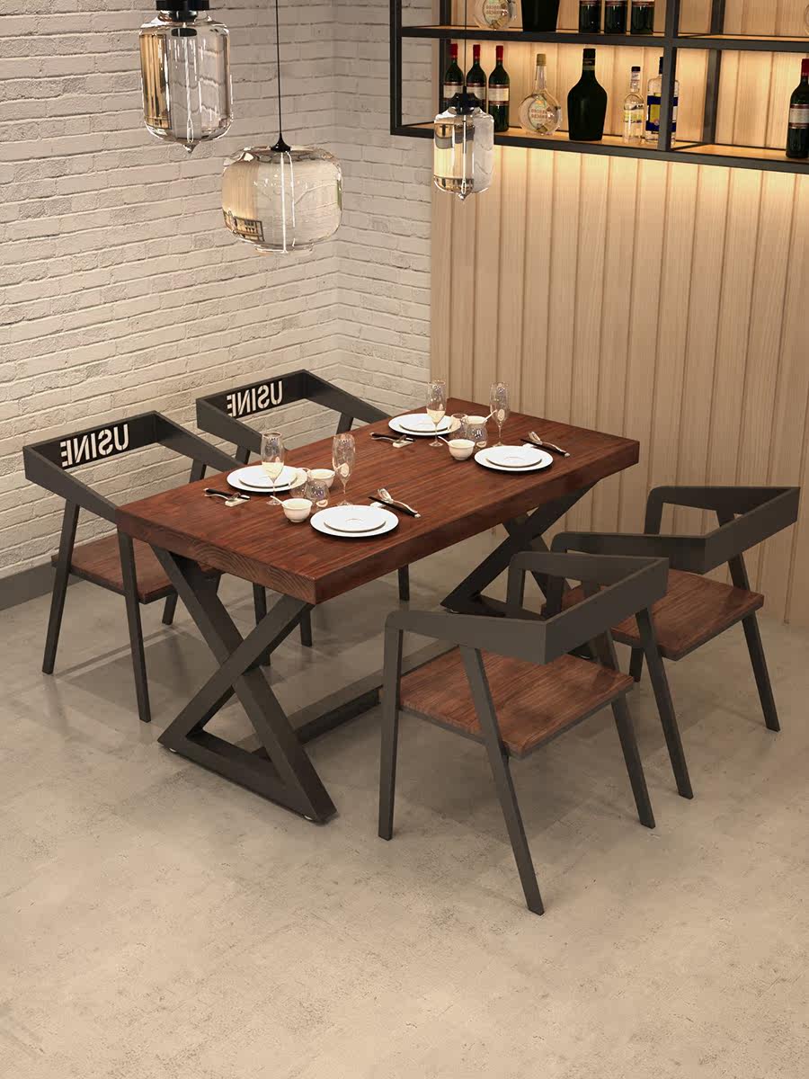 Simple retro wrought iron solid wood dining table and chair combination Noodle restaurant theme dining room Rectangular fast food restaurant long long table 1042