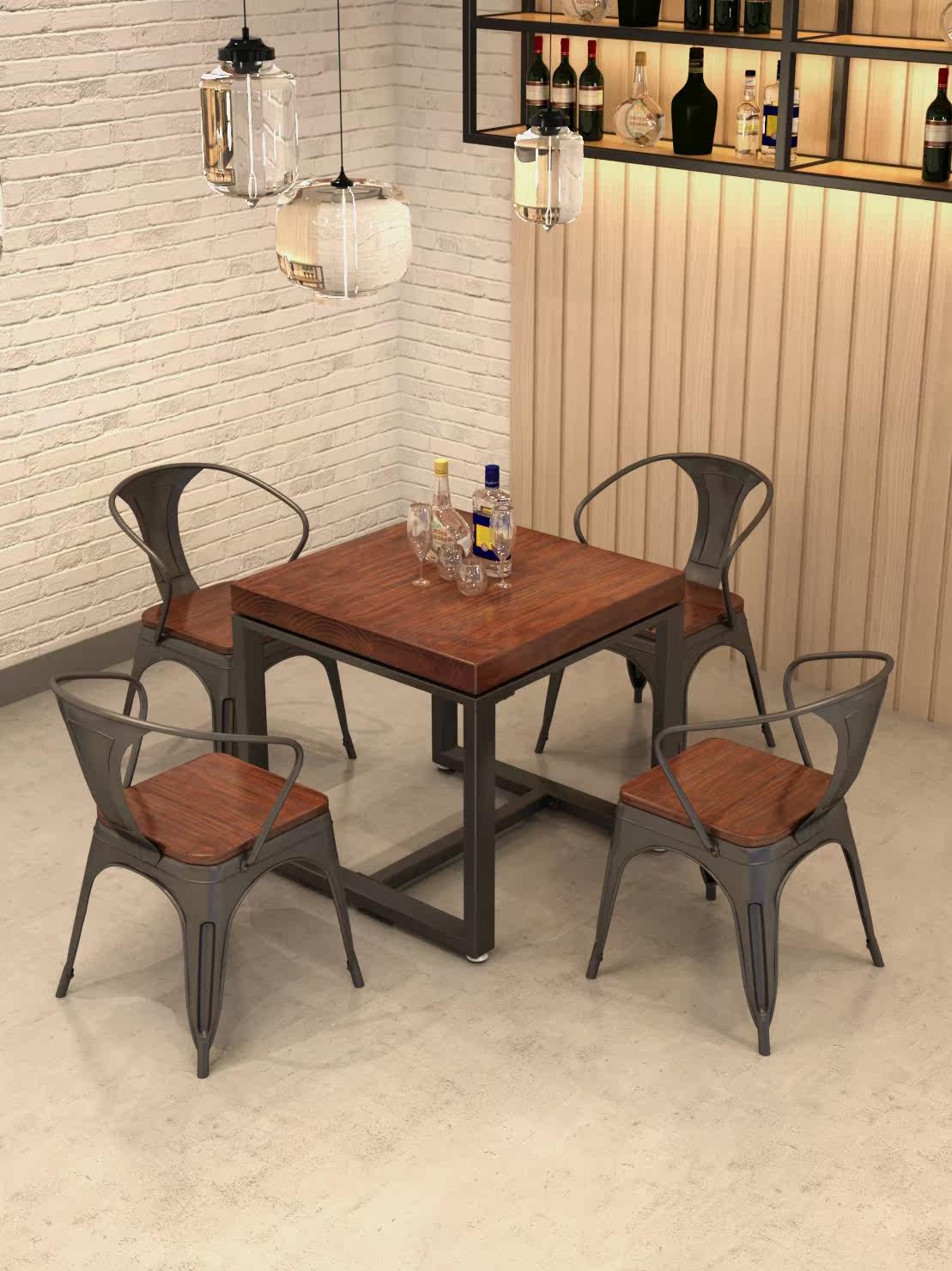 Industrial style square dining table and chair combination Wrought iron solid wood small square table Restaurant snack bar bar table 1013