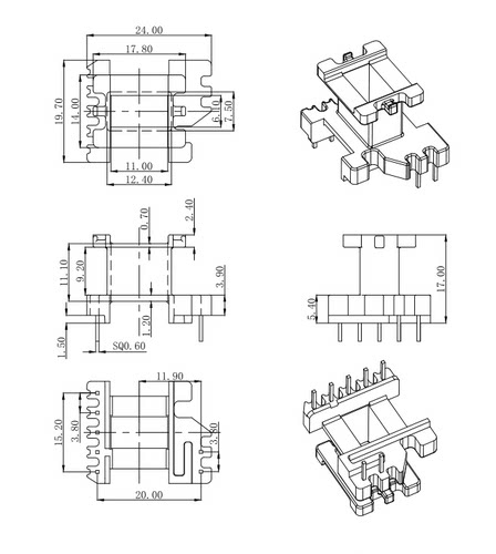 EE22-11高频变压器加宽骨架磁芯立式5+2针 排距=20mm可代开气隙