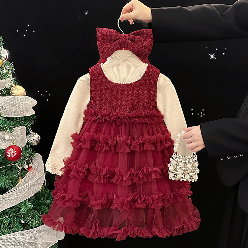 女童连衣裙套装冬季加绒儿童洋气小香风礼服裙子女宝宝冬装公主裙