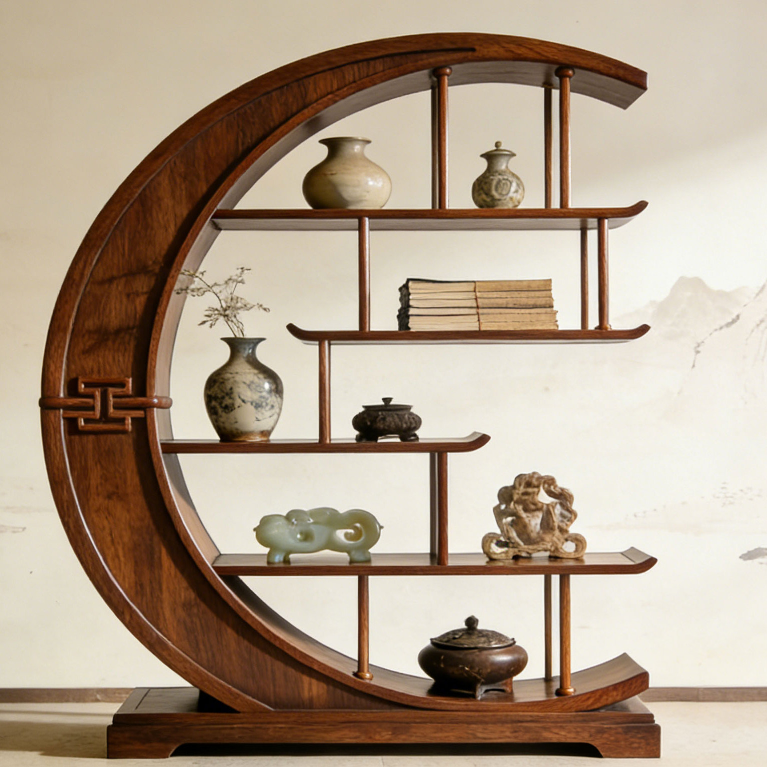 宋式美学黑胡桃木月牙博古架高端定制设计师同款酒店民宿多宝阁