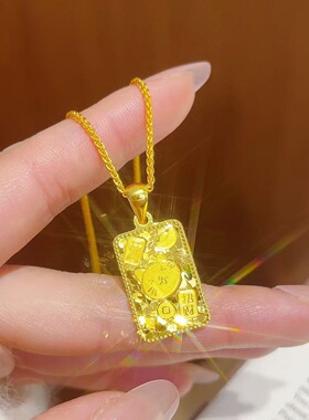 铜镀金国风开心招财猫方牌吊坠项链新中式小众设计感锁骨链送女友