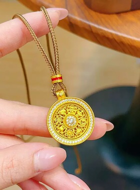 古法沙金饰品镶钻转动八宝罗盘吊坠如意绳项链女新中式毛衣链配饰