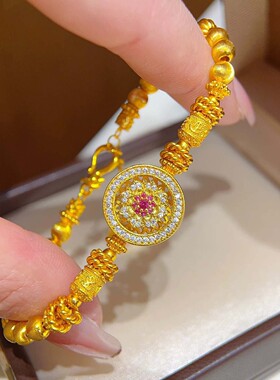 铜镀金仿真金点钻莲花旋转罗盘手链女士福字猫眼手串转运珠首饰品
