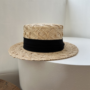 设计师原创法式 赫本风手工拉菲草平顶草帽女夏天防晒遮阳帽礼帽男