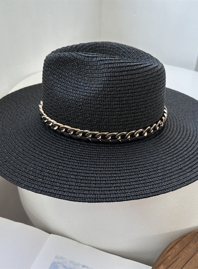 欧美嘻哈黑色帽子亚克力链条10cm爵士草帽街拍时尚遮阳巴拿马礼帽