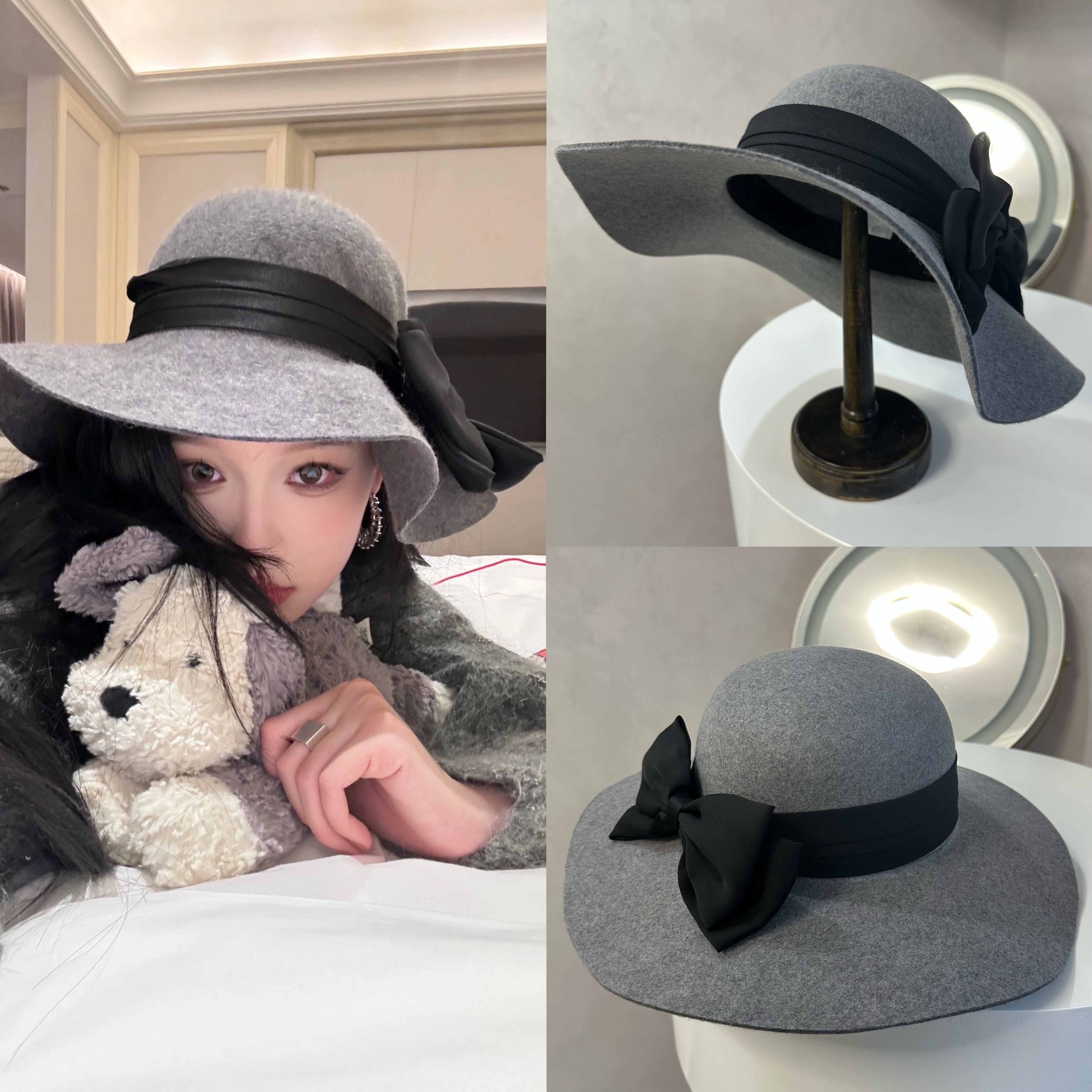 赫本风气质灰色礼帽女秋冬羊毛毡帽蝴蝶结复古时尚毛呢大沿帽子