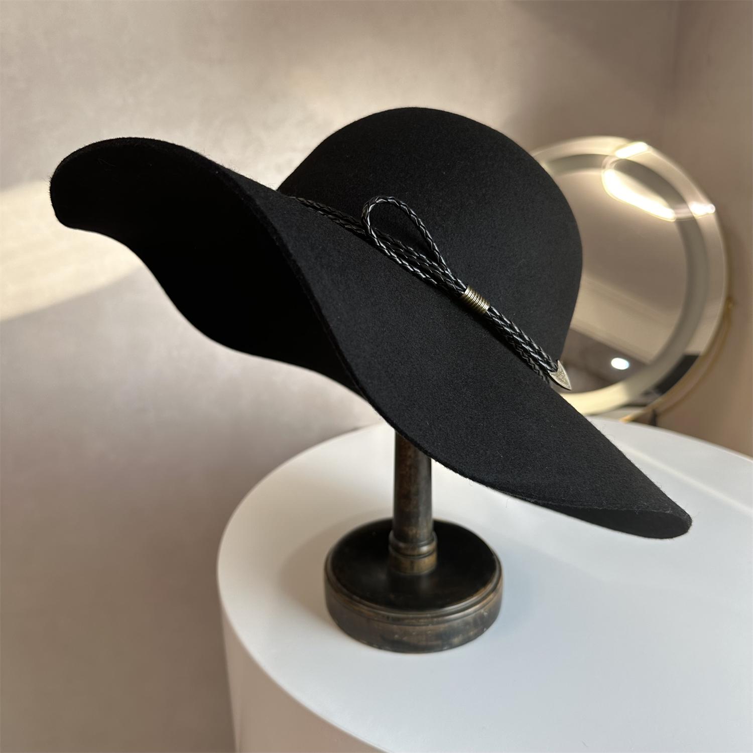 法式秋冬毡帽子女澳洲纯羊毛呢宽大沿波浪帽檐复古蝴蝶结黑礼帽