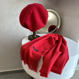 复古法式红色贝雷帽洋气时髦女士羊毛蓓蕾帽本命大红围巾新年帽子
