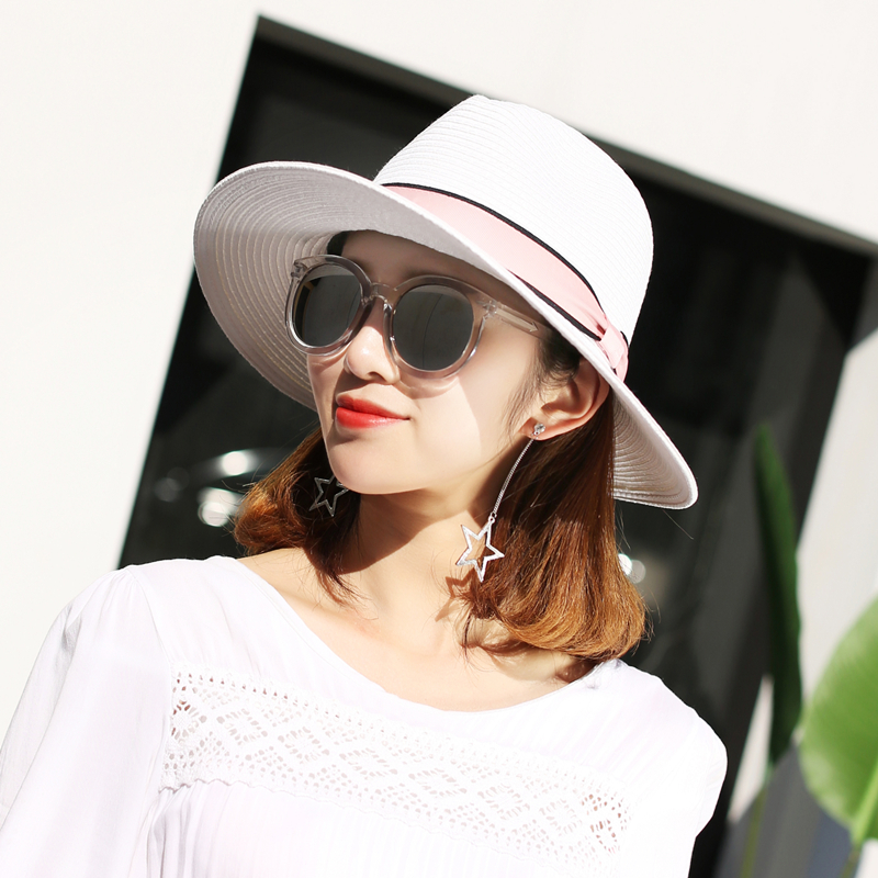 轻氧|新款百搭粉色蝴蝶结帽子白色巴拿马可折叠草帽沙滩遮阳礼帽