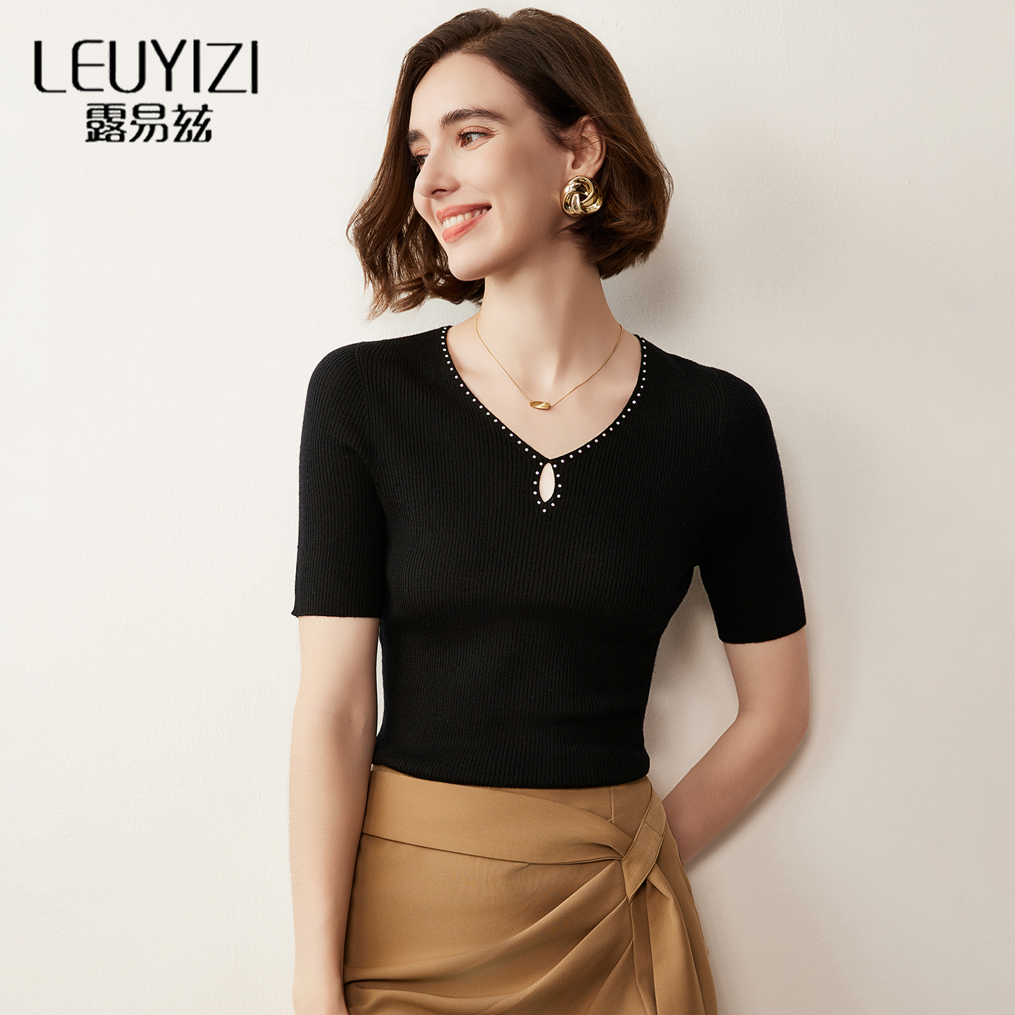 V领短袖针织衫女薄款2025新款