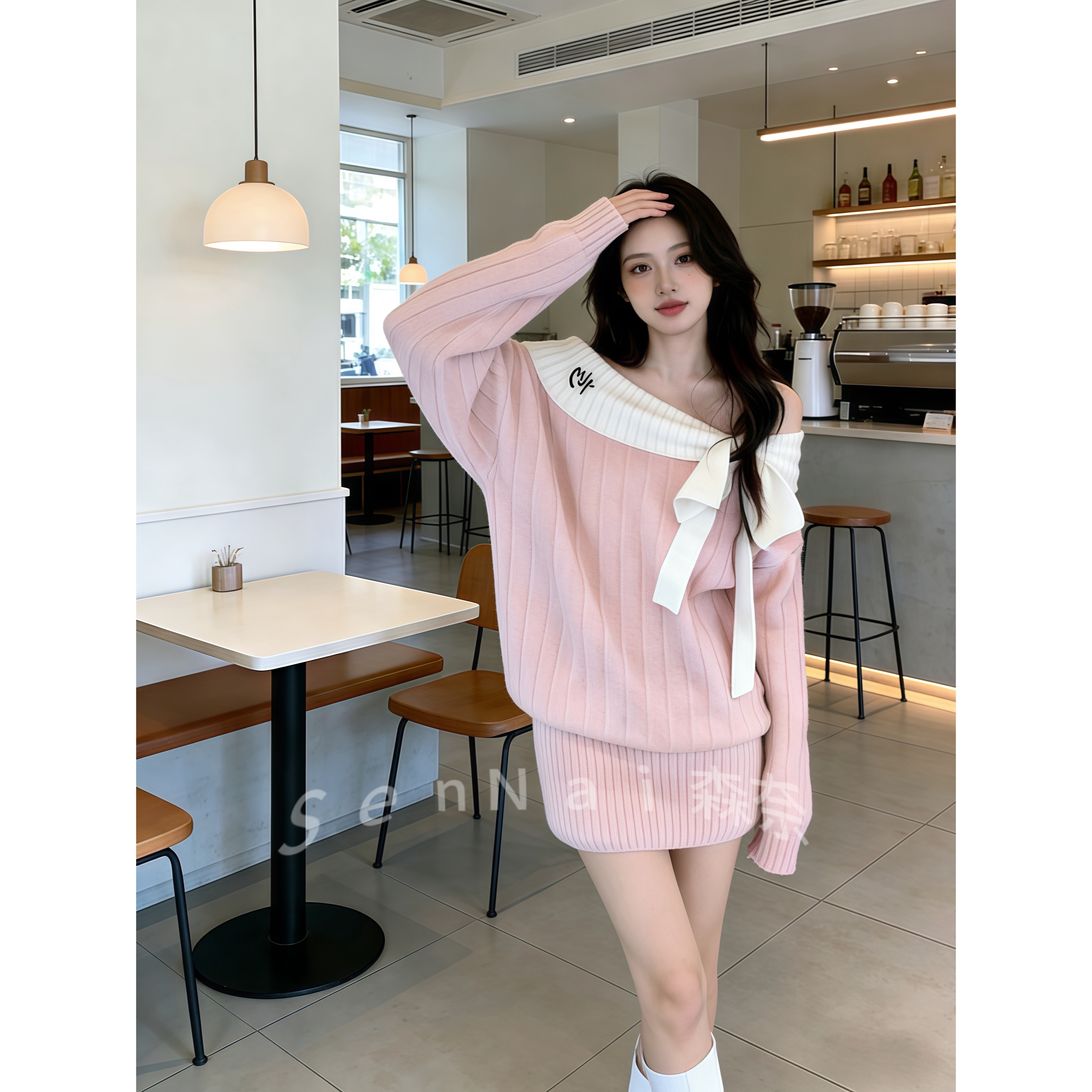 法式甜美一字肩蝴蝶结连衣裙