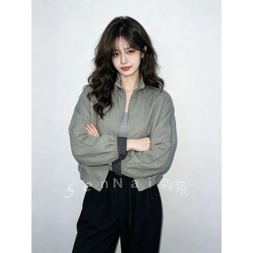 复古格子拼接灰色立领短款夹克女