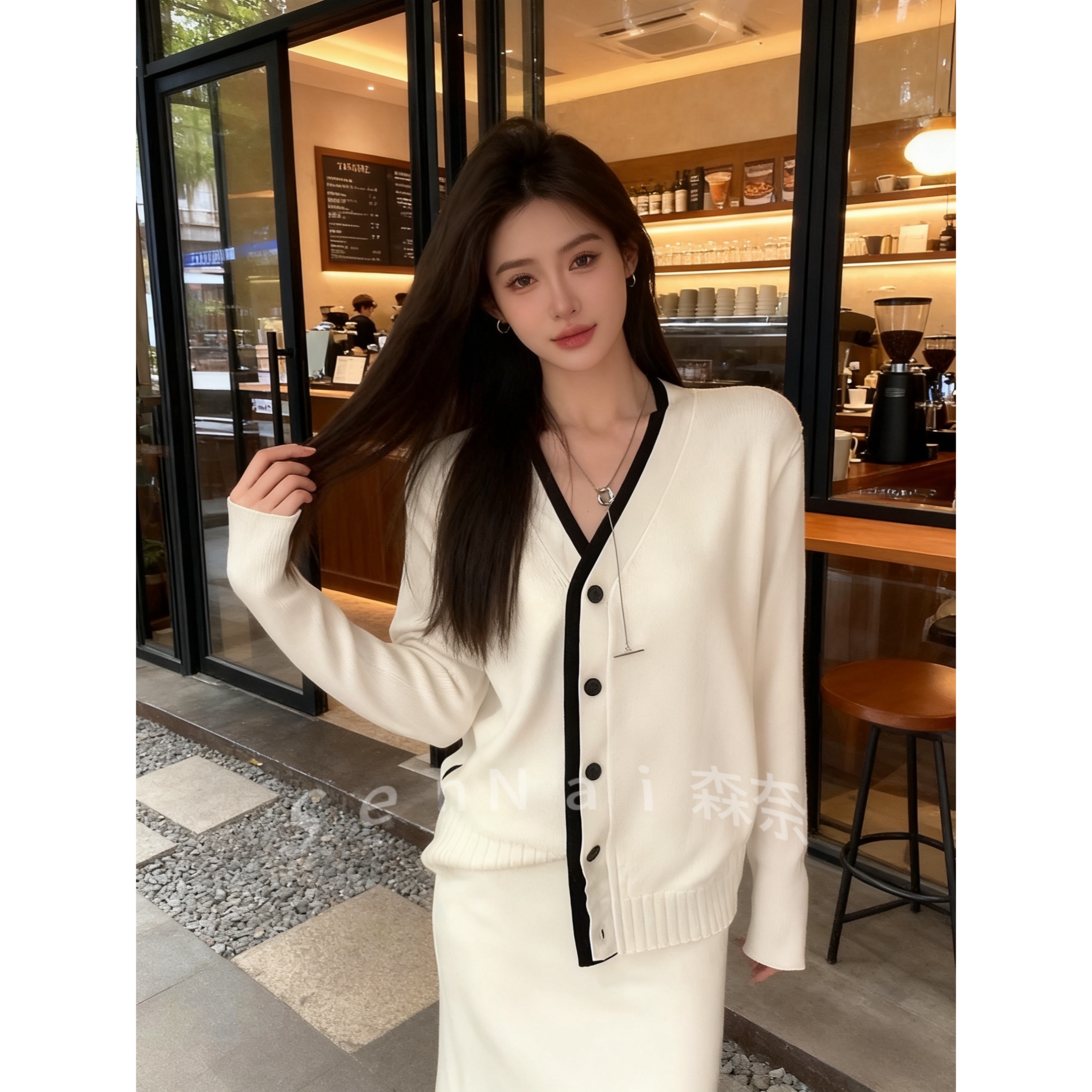 时尚撞色设计感毛衣套装裙女