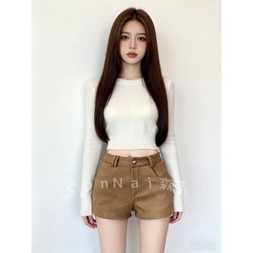 复古鹿皮绒高腰显瘦包臀热裤女