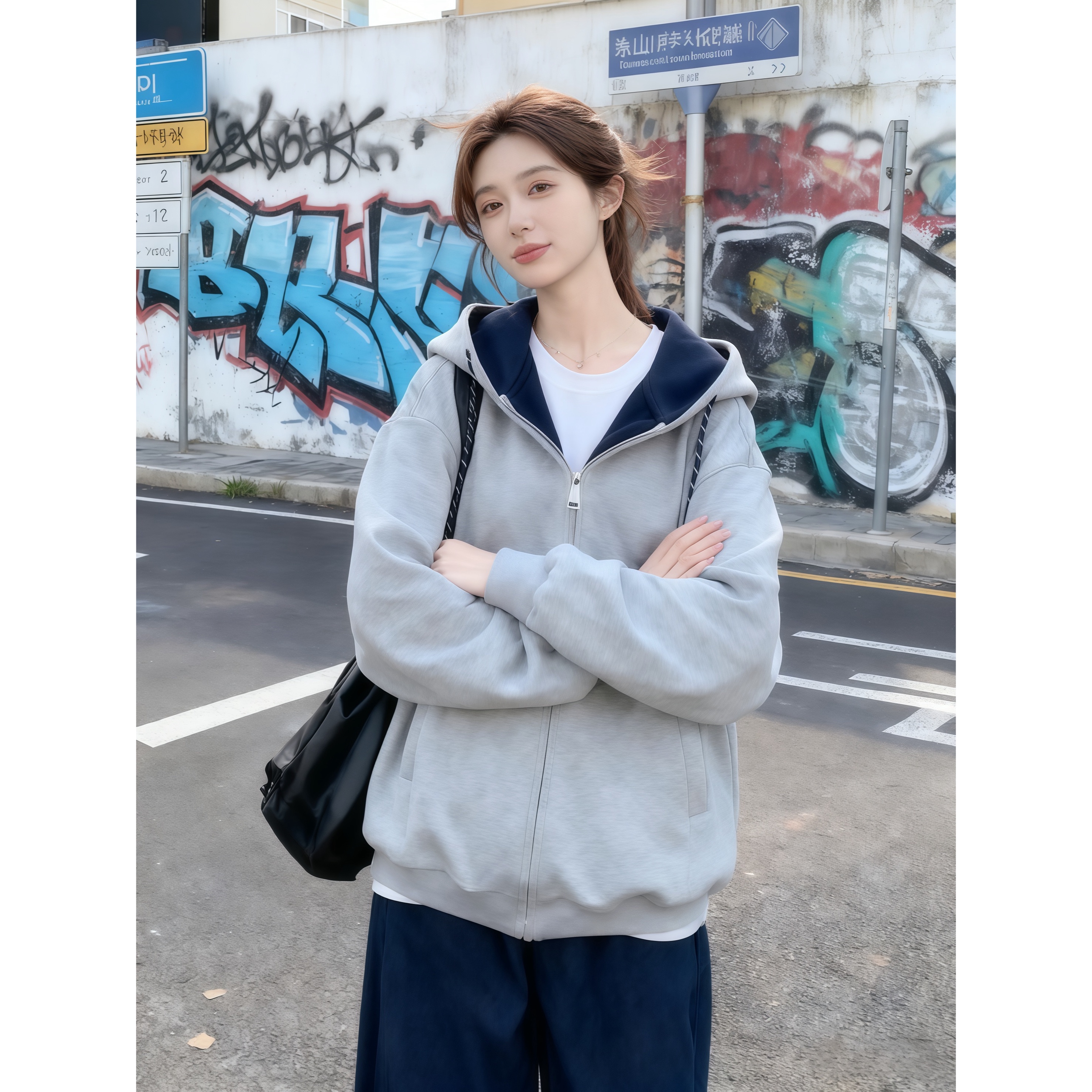 韩系慵懒风撞色连帽开衫卫衣