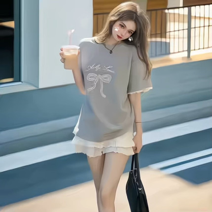 2025夏季韩系甜美时尚高级感短裙短袖宽松蝴蝶T恤女减龄休闲套装