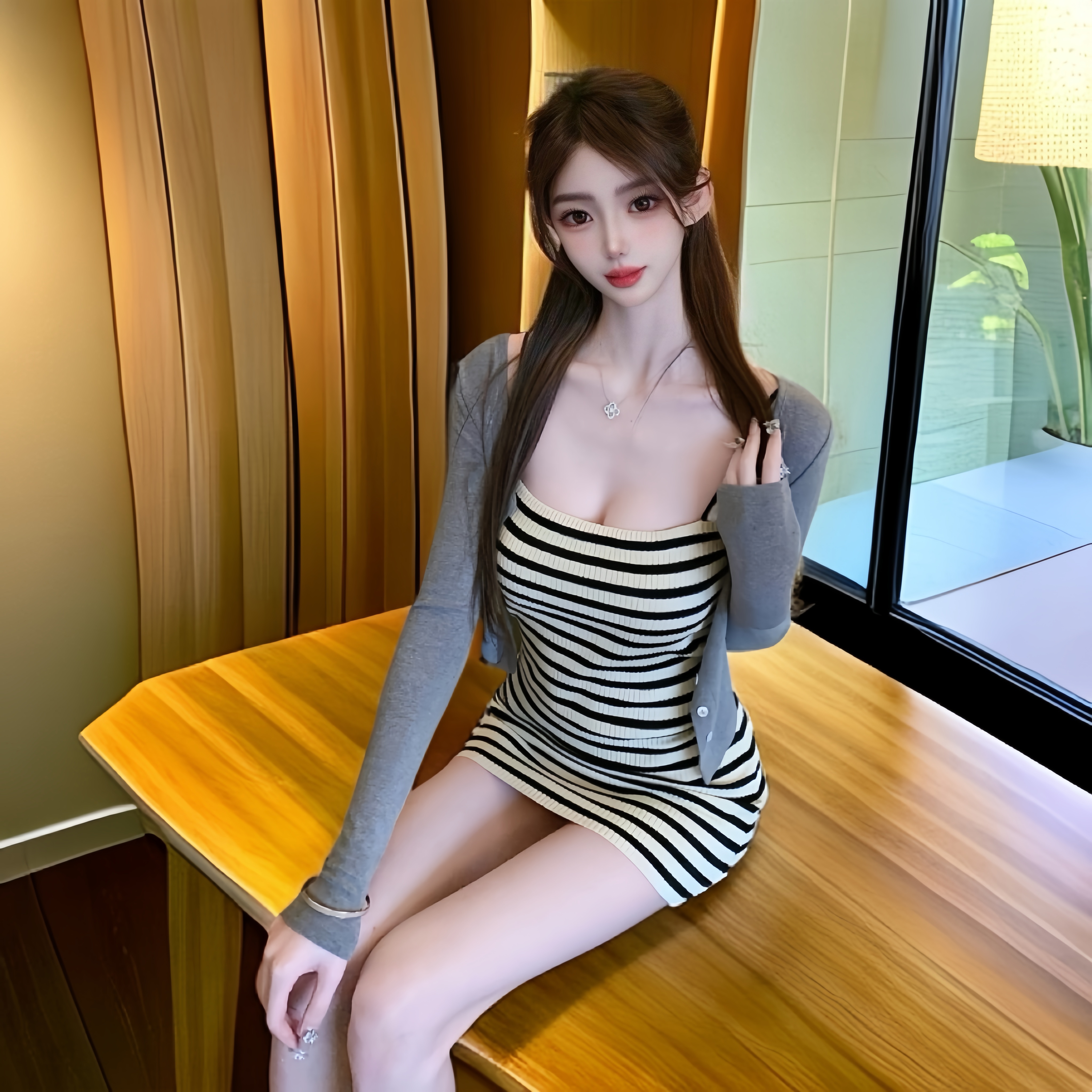 夏季美式辣妹针织吊带条纹套装
