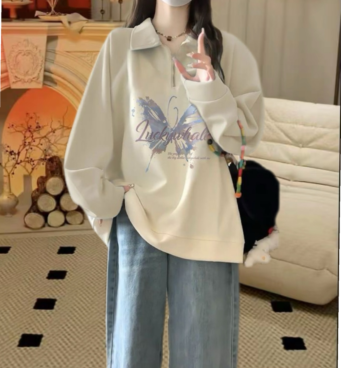 杏色卫衣女春秋2025新款韩系蝴蝶结早春慵懒风加绒polo领无帽上衣