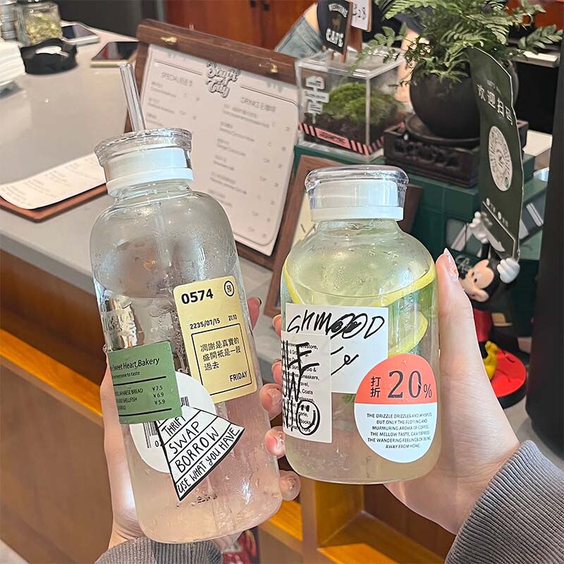 刻度玻璃杯小众饮料果汁杯子便携大容量新款透明水杯女冷泡茶瓶子