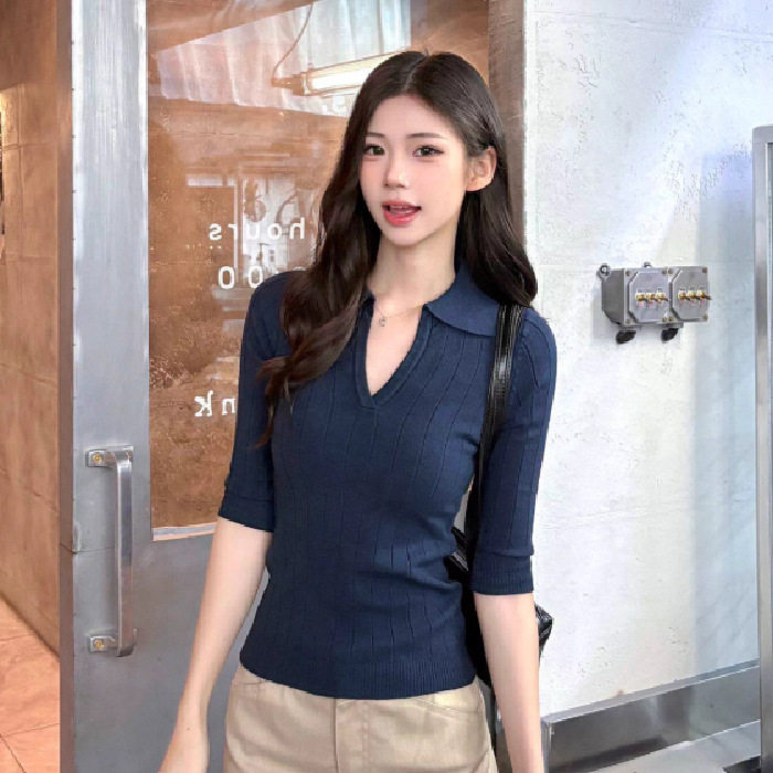 通勤高智感POLO领针织衫女早春v领正肩中袖t恤修身显瘦高级感上衣