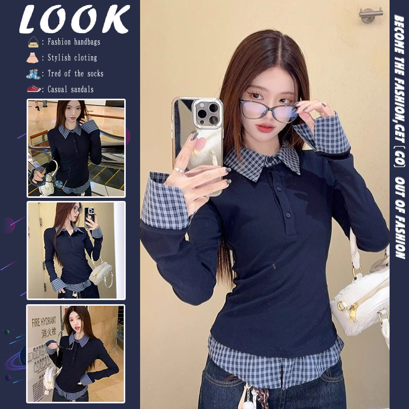 美式学院风假两件小众拼接衬衫长袖T恤女春秋新款修身收腰上衣ins