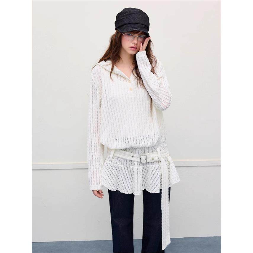 白色蕾丝镂空连帽长袖衬衫女春季设计感小个子宽松荷叶边长袖上衣